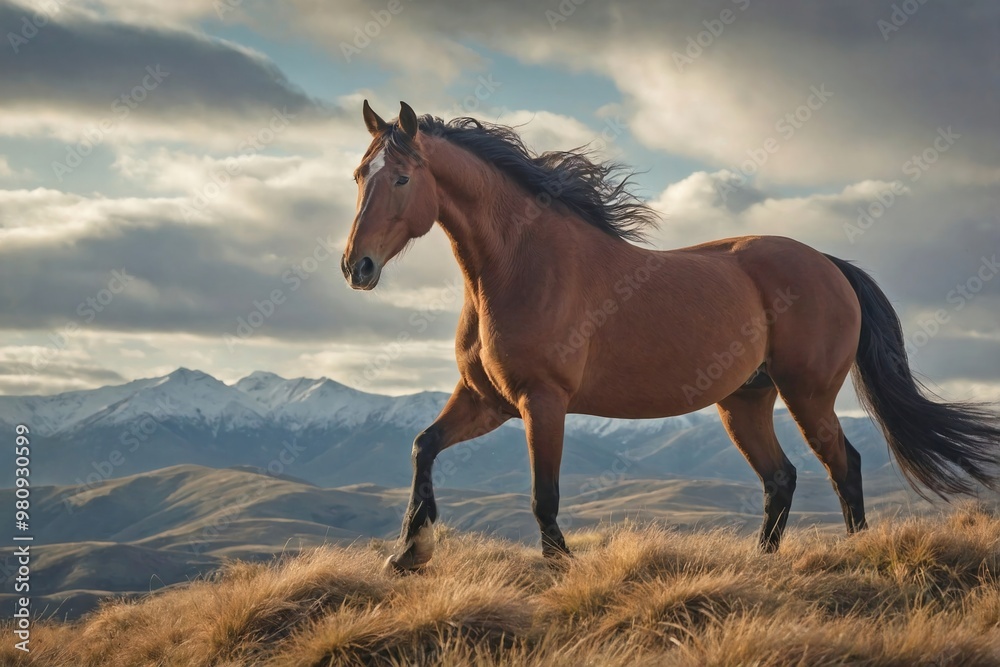 Horse Standing on a Wind-Swept Hilltop with a Mountain Backdrop: A majestic horse stands tall on a grassy hilltop, overlooking a vast landscape of rolling hills and distant mountains. Horse Standing on a Wind-Swept Hilltop with a Mountain Backdrop: A majestic horse stands tall on a grassy hilltop, overlooking a vast landscape of rolling hills and distant mountains.