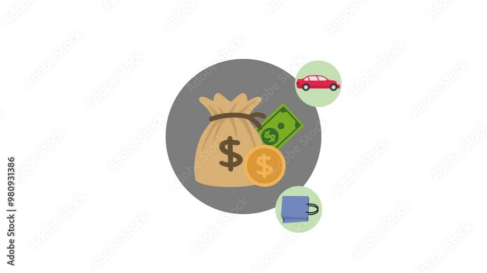 4K video business Footage with money, car, shopping bag, house or mansion Illustration on White Screen Background. 4k video animated for business Animation
