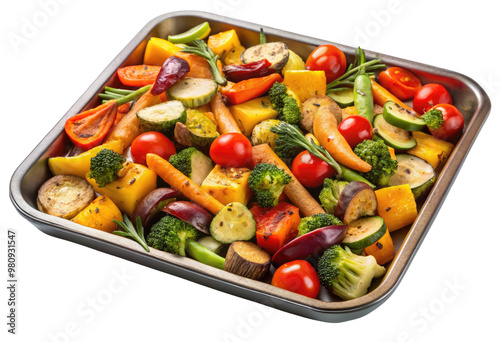 Tray of roasted vegetables isolated with transparent background.