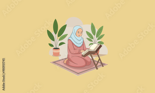 Muslim woman reading Quran on prayer mat, peaceful setting