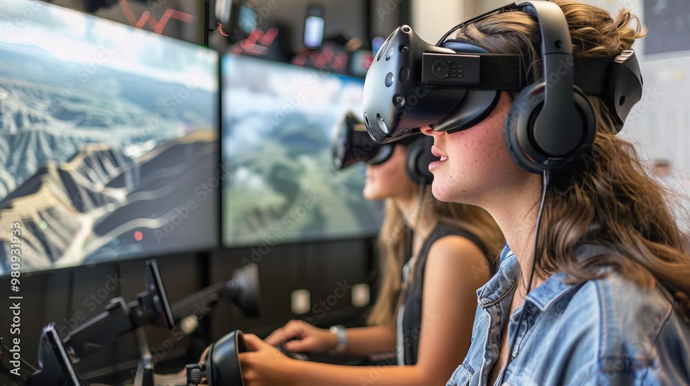 Immersive Experience Two Women Wearing VR Headsets Engage in Virtual Reality Gaming, Tech, Digital World, Gaming, VR, Headset, Simulation Immersive Experience Two Women Wearing VR Headsets Engage in Virtual Reality Gaming, Tech, Digital World, Gaming, VR, Headset, Simulation