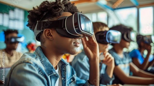 Virtual Reality Classroom Young Man Wearing VR Headset, Education Technology, Immersive Learning, Future of Education, Tech Trends, Innovation, Digital World