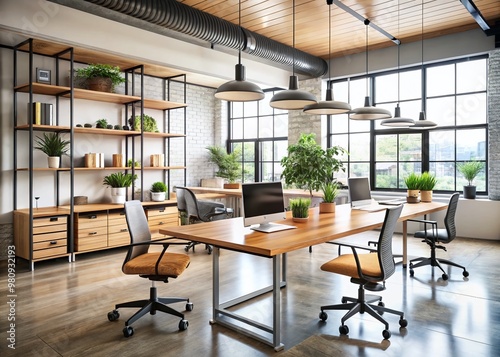 Modern ergonomic chairs, wooden desks, and metal shelving units fill a bright, open-concept workspace with a minimalist photo