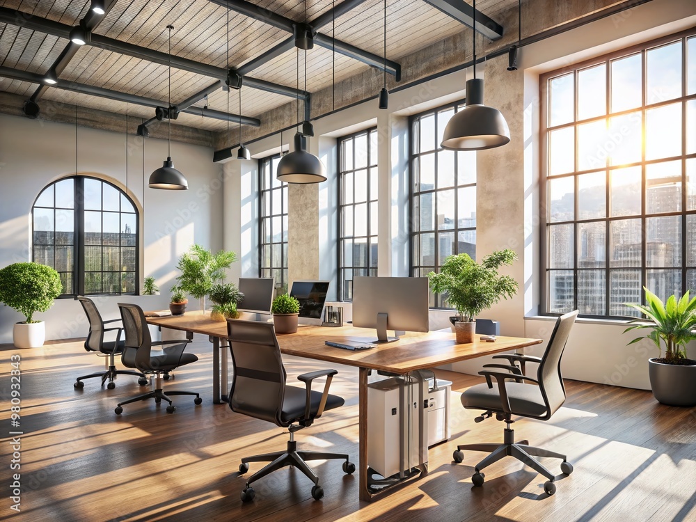 Modern ergonomic chairs and desks with natural light pouring in through large windows in a sleek, minimalist office Modern ergonomic chairs and desks with natural light pouring in through large windows in a sleek, minimalist office