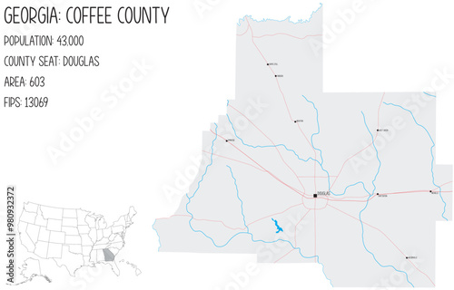 Large and detailed map of Coffee County in Georgia, USA.