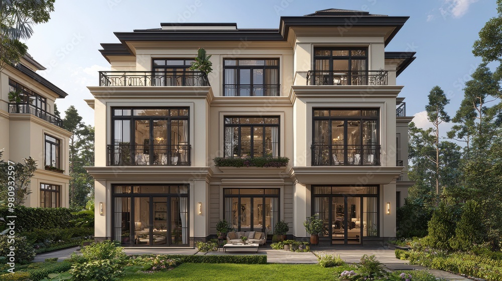 Fototapeta premium A modern residential building with elegant architecture and lush landscaping set in a serene neighborhood during daylight