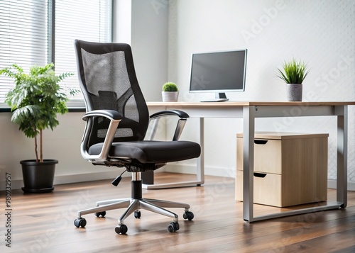 Modern ergonomic office chair with sleek stainless steel frame and black mesh backrest sits in front of a