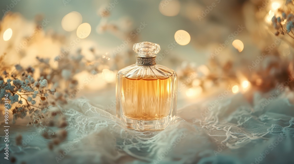Luxury perfume bottle surrounded by delicate lace and soft, warm lighting Luxury perfume bottle surrounded by delicate lace and soft, warm lighting
