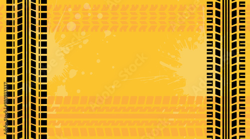 Grunge car tire marks on yellow background with splashes, template for business card with copy space. Vector illustration.