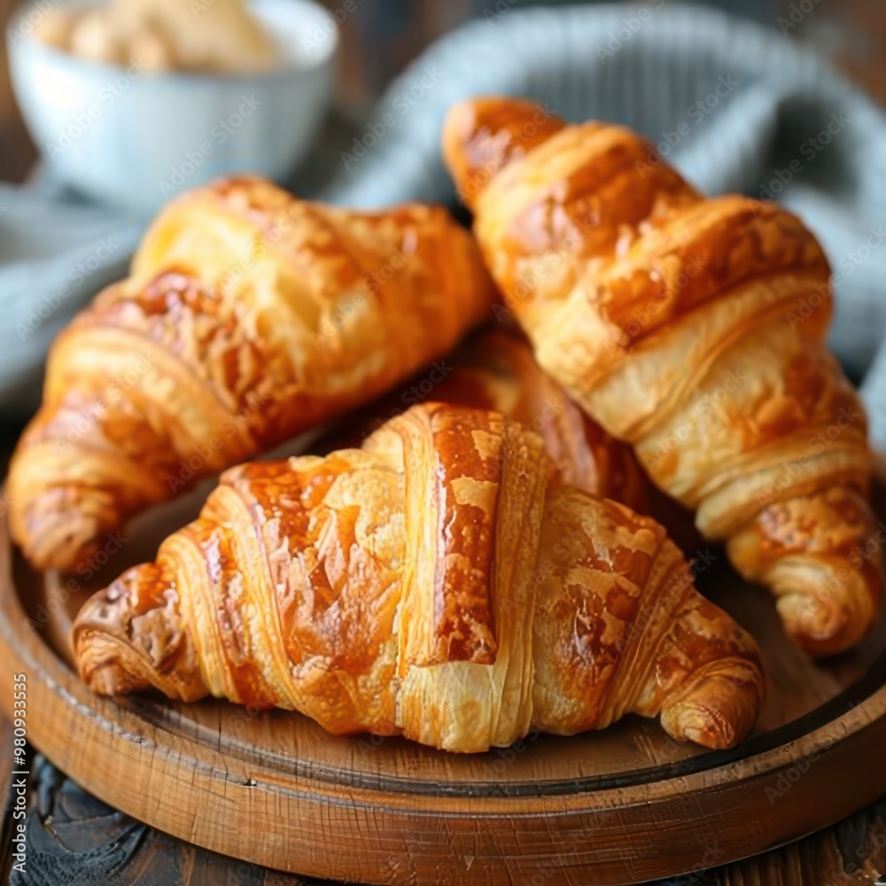 Close-up of golden, flaky croissants on a rustic wooden table, capturing their delicious texture. Close-up of golden, flaky croissants on a rustic wooden table, capturing their delicious texture.