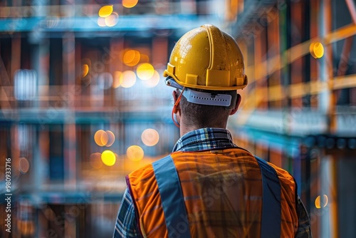 Construction Site Worker Wearing Protective Gear with Safety Helmet and Vest