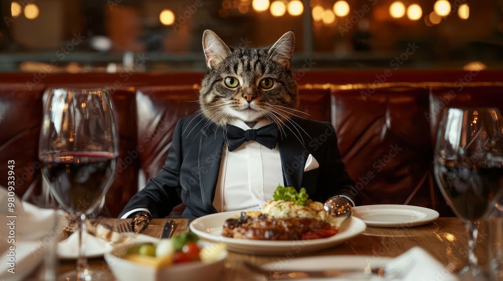 Sophisticated Cat in Tuxedo Dining at Elegant Restaurant with Gourmet Food and Wine Sophisticated Cat in Tuxedo Dining at Elegant Restaurant with Gourmet Food and Wine