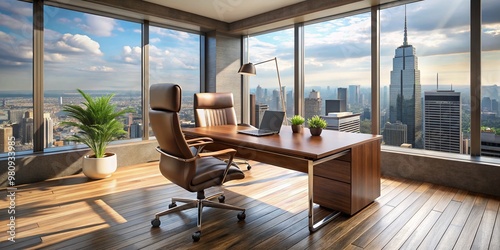 Modern ergonomic office space with sleek wooden desk, leather chair, and minimalist decor featuring a large window with