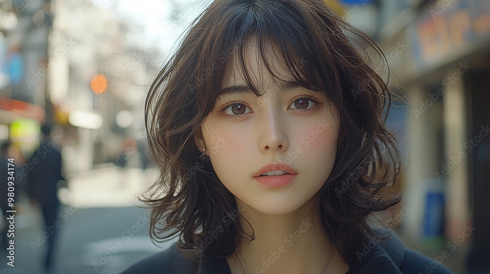Young woman with tousled hair walks through a bustling city street during a sunny afternoon, capturing candid moments Young woman with tousled hair walks through a bustling city street during a sunny afternoon, capturing candid moments