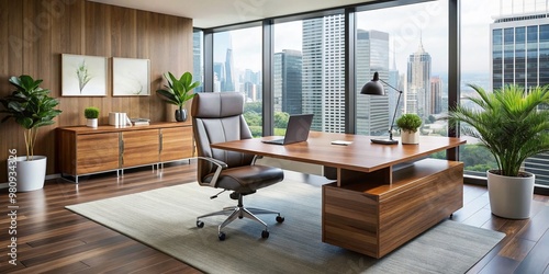 Modern executive chair and sleek wooden desk sit amidst a minimalist office backdrop, showcasing contemporary furniture photo