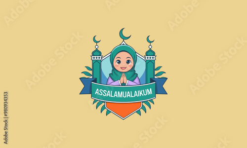 Muslim woman greeting with Assalamualaikum banner