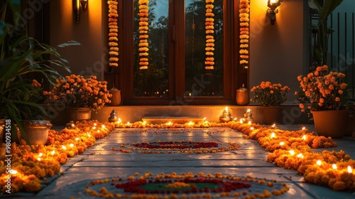 Festive Home Entrance with Rangoli, Marigold Flowers, and Diyas for Diwali Celebration | Space for Text Banner above Decorations