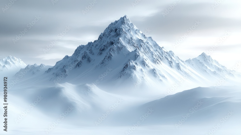 Obraz premium Snow-covered mountain peak under a cloudy sky.