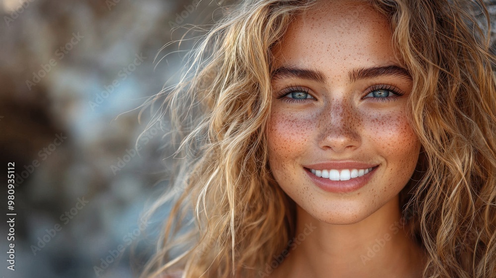 Young woman with curly blonde hair and freckles smiles brightly against a natural backdrop during daylight, radiating joy and warmth Young woman with curly blonde hair and freckles smiles brightly against a natural backdrop during daylight, radiating joy and warmth