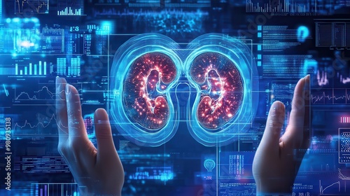 Medical graphs and data in blue, with hands presenting digital human kidneys illustration