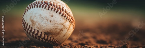 A close-up of a baseball on the infield dirt, showing the details of the stitches and texture of the ball. photo