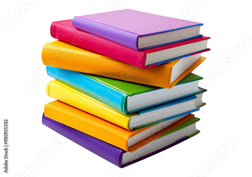 Books with bright covers in one pile. Transparent background, Isolated PNG.