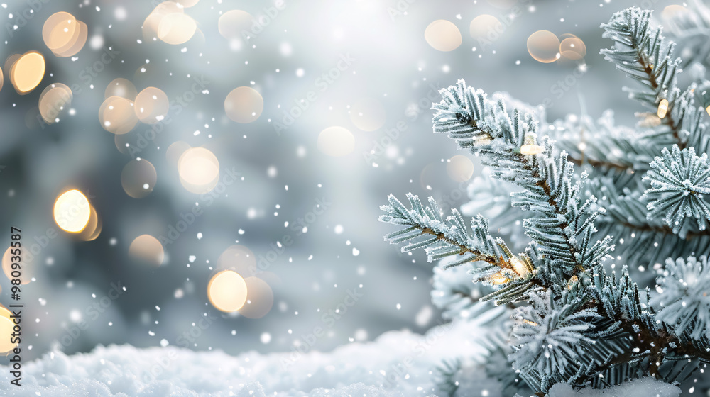 Beautiful Winter Background Image of Frosted Spruce Branches with Bokeh Christmas Lights Beautiful Winter Background Image of Frosted Spruce Branches with Bokeh Christmas Lights