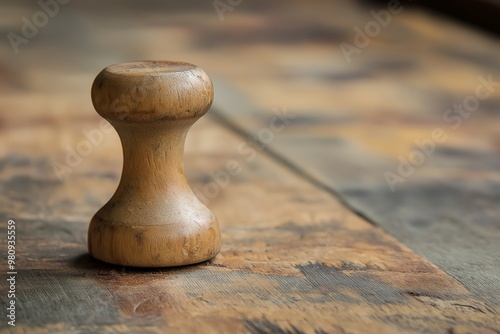 A wooden tamper tool placed on a rustic wooden surface, used for various manual tasks requiring pressing or compacting. photo