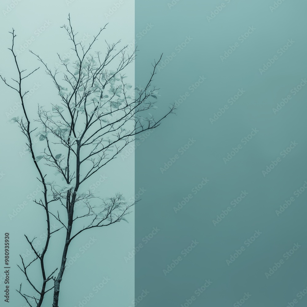Fototapeta premium Minimalistic representation of a bare tree against a teal background divided by a vertical line, portraying solitude and simplicity.