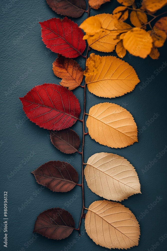 Fototapeta premium Autumn leaves of various colors are neatly laid on a dark surface, reflecting seasonal change, order, and natural beauty.