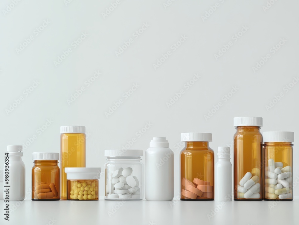 Assortment of various medicine bottles and jars on a white background. Assortment of various medicine bottles and jars on a white background.
