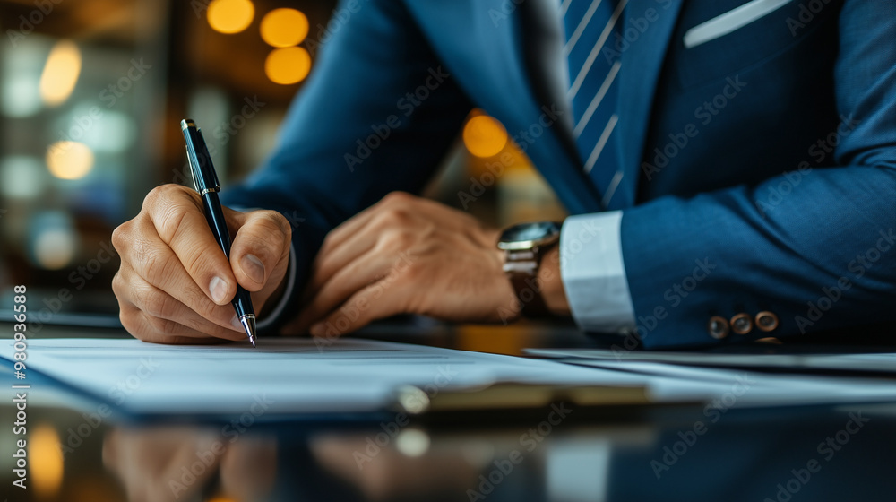 Confident businessman signing a contract, surrounded by financial documents, symbolizing price guarantees and business security. Confident businessman signing a contract, surrounded by financial documents, symbolizing price guarantees and business security.