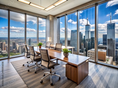 Modern high-rise office with sleek centennial-style furniture, including ergonomic chairs, minimalist desks, and photo