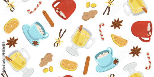 Vector seamless pattern with winter drinks. Image of mulled wine and hot cocoa with marshmallows and cream. Illustration for wallpaper and packaging for New Year and Christmas in horizontal view.