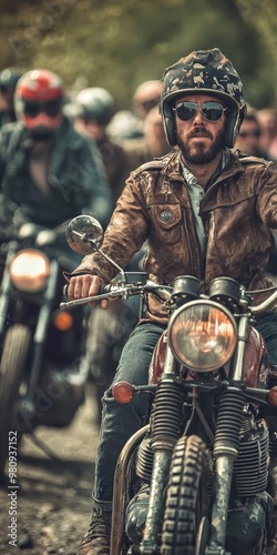 Vintage Motorcycle Rally in a Rugged Outdoor Setting with a Bearded Rider