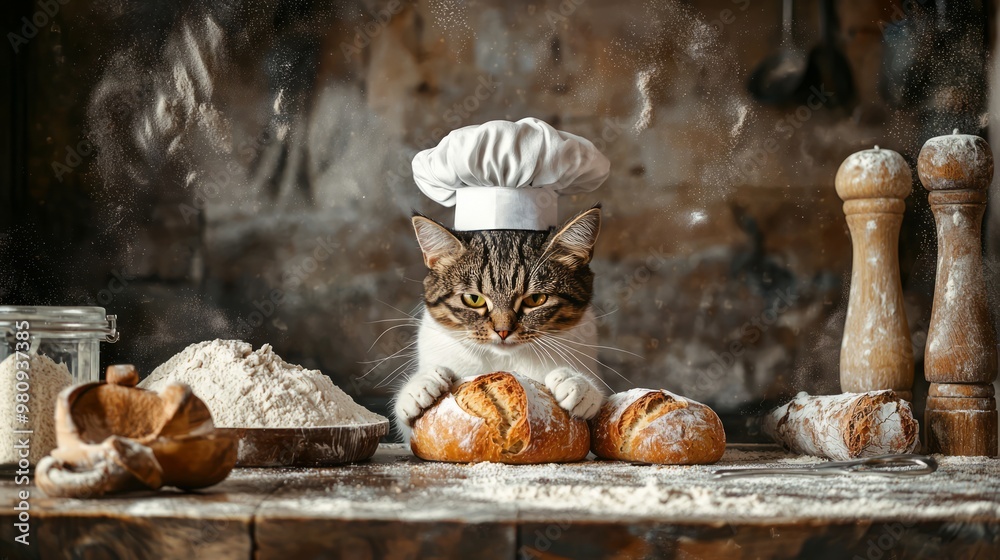 Culinary Cat: Feline Chef Baking Bread in Flour-Filled Rustic Kitchen Culinary Cat: Feline Chef Baking Bread in Flour-Filled Rustic Kitchen