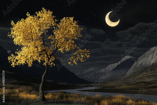 Stock image of a golden tree surrounded by a moon. Mystical forest. photo