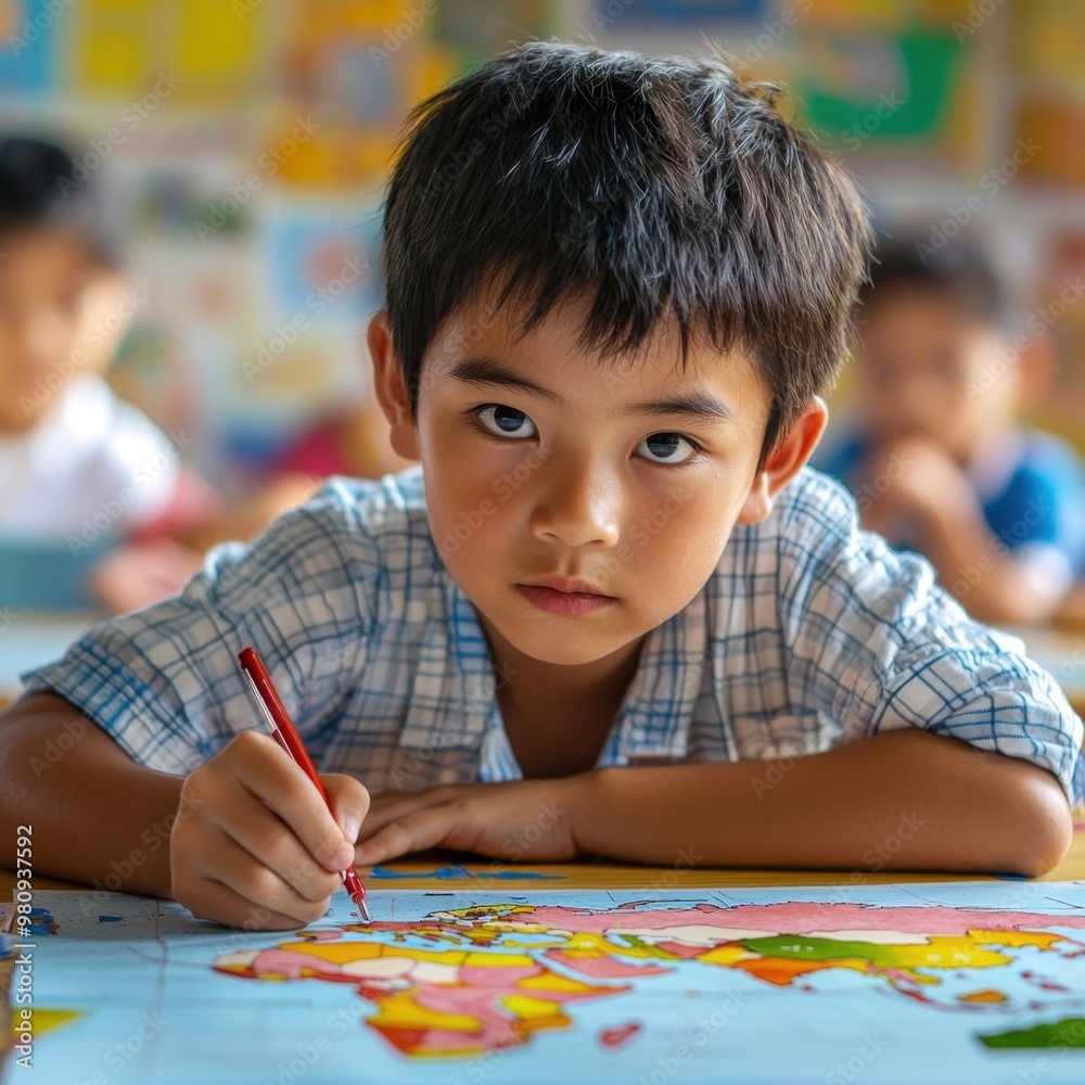 Young Asian Boy Concentrating on His Artwork in Classroom Setting Young Asian Boy Concentrating on His Artwork in Classroom Setting