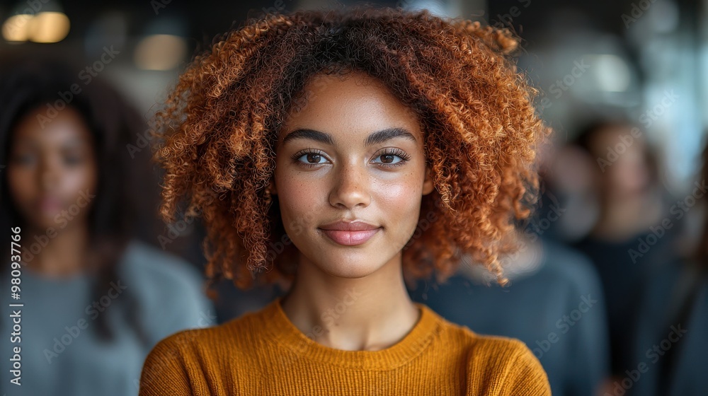 Confident young woman with curly hair stands out in a crowd during a workshop in an urban setting Confident young woman with curly hair stands out in a crowd during a workshop in an urban setting