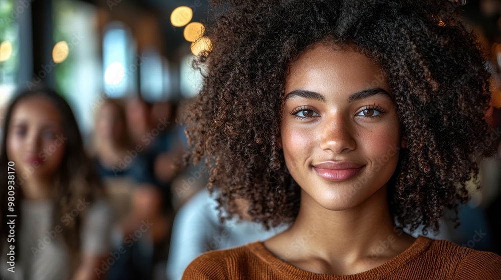 Fototapeta premium Young woman with curly hair smiles confidently in a café during a lively gathering on a sunny afternoon