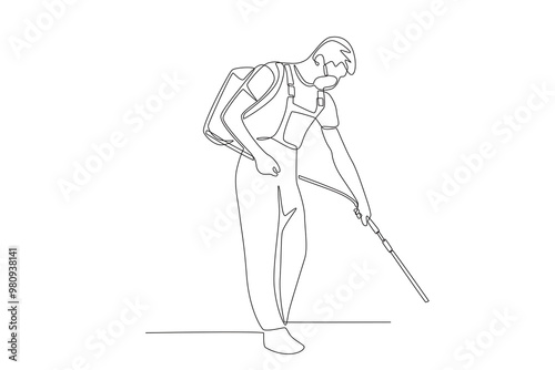 Man watering plants with pest medicine. Pest control concept one-line drawing