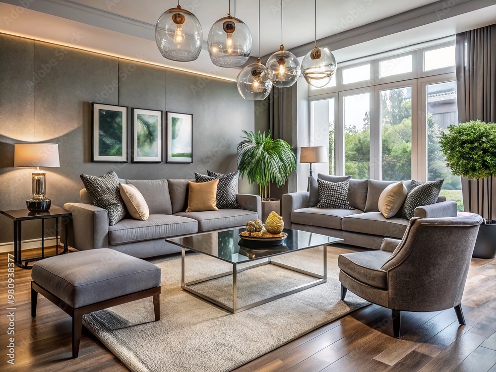 Modern living room interior design featuring a sleek grey couch, glass coffee table, and matching armchairs, surrounded Modern living room interior design featuring a sleek grey couch, glass coffee table, and matching armchairs, surrounded