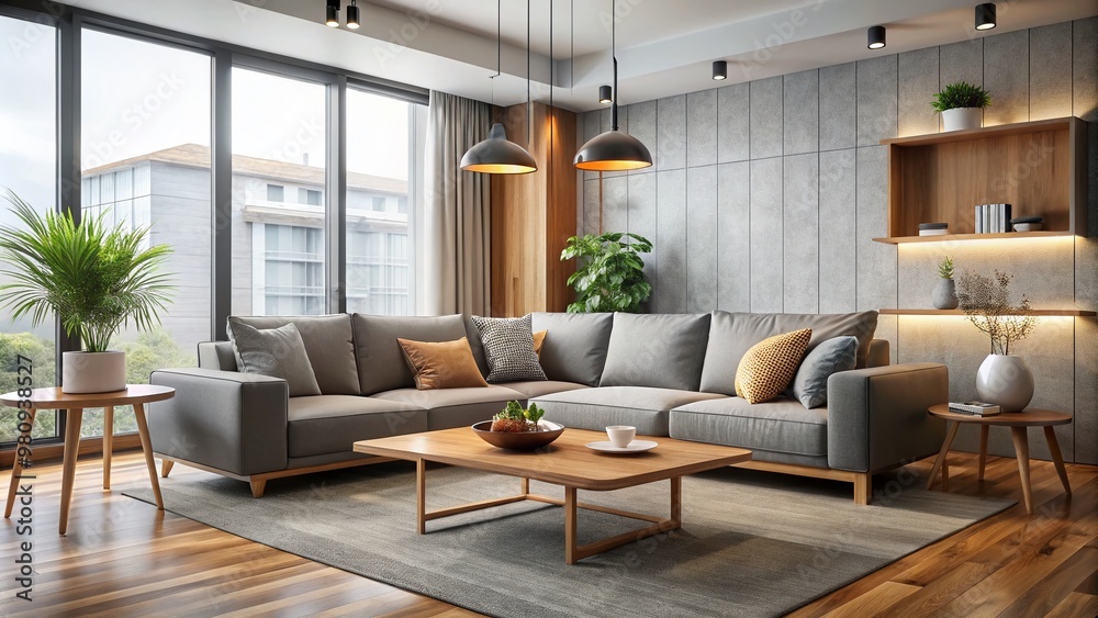Fototapeta premium Modern living room interior with sleek gray sofa, wooden coffee table, and minimalist decorations, against a light