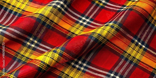 Classic red, yellow, and blackplaid tartan fabric with soft folds and textured weave photo