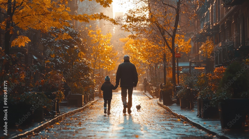 A grandfather and child enjoy a walk together on a serene autumn afternoon in a quiet city street surrounded by vibrant foliage A grandfather and child enjoy a walk together on a serene autumn afternoon in a quiet city street surrounded by vibrant foliage