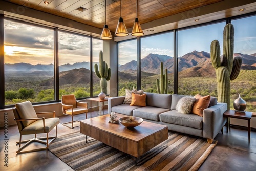 Modern living room with budget-friendly furniture set, desert-inspired decor, and large window overlooking Arizona's