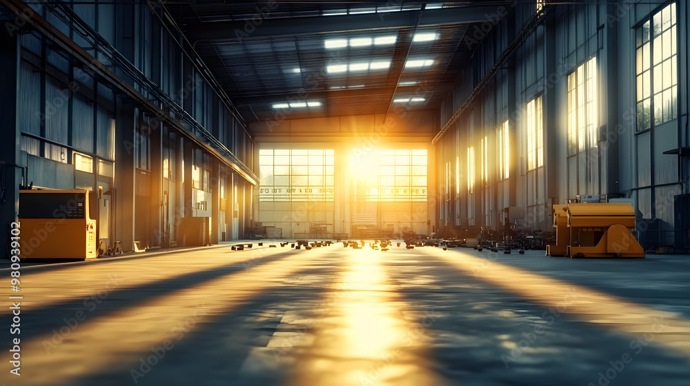 Empty metal tile roof factory at dusk with sunlight illuminating scattered tools. Empty metal tile roof factory at dusk with sunlight illuminating scattered tools.