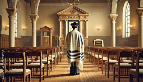 Yom Kippur Prayer in Synagogue, Jewish Man in Kittel, Yom Kippur Concept photo