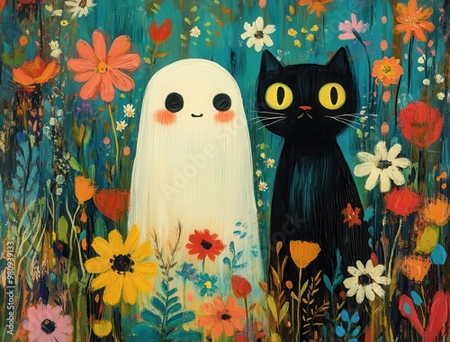 Enchanted Ghost and Cat in Colorful Flower Field photo