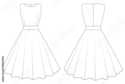 Women sleeveless fit Dress flared cocktail dress design flat sketch Circular Technical fashion illustration